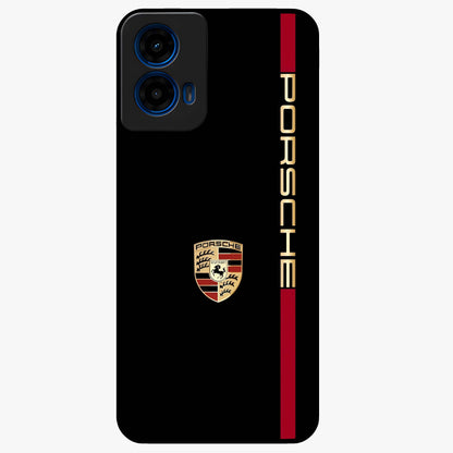 Black Minimal Porsche Glass Case showing flat back view with sleek minimal sports car artwork and glossy glass finish.