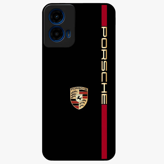 Black Minimal Porsche Glass Case showing flat back view with sleek minimal sports car artwork and glossy glass finish.