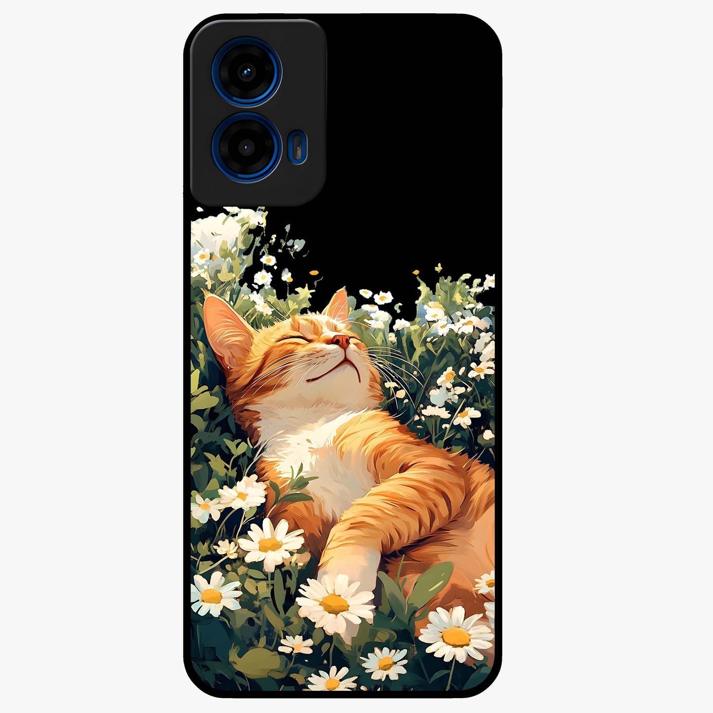 Blissful Bloom Cat Glass Case showing flat back view with cute cat and floral bloom artwork and glossy glass finish.