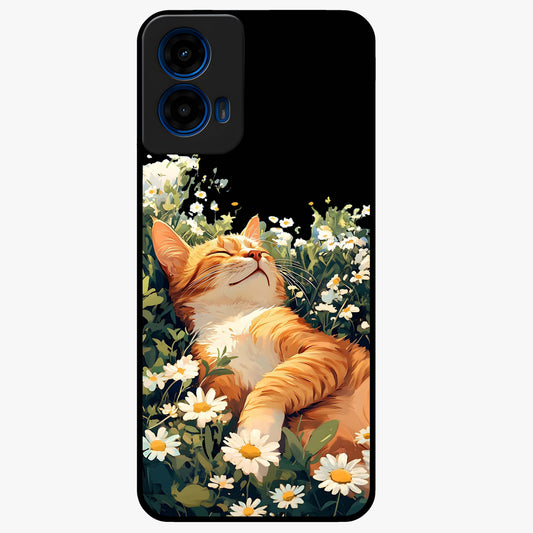 Blissful Bloom Cat Glass Case showing flat back view with cute cat and floral bloom artwork and glossy glass finish.