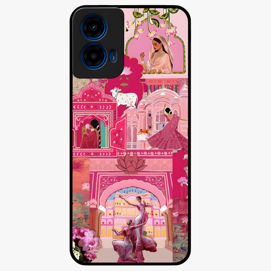 Blossoms of Rajasthan Glass Case showing flat back view with traditional floral artwork inspired by Rajasthan and glossy glass finish.