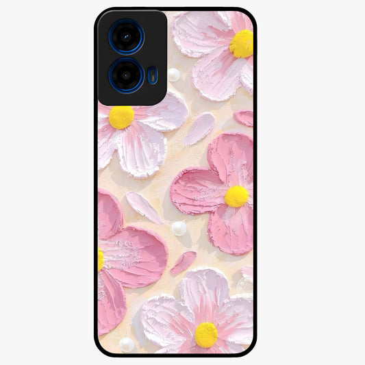 Blush Bloom Texture Glass Case showing flat back view with soft blush floral texture artwork and glossy glass finish.