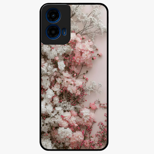 Blush Blossom Cloud Glass Case showing flat back view with dreamy blush cloud blossom artwork and glossy glass finish.