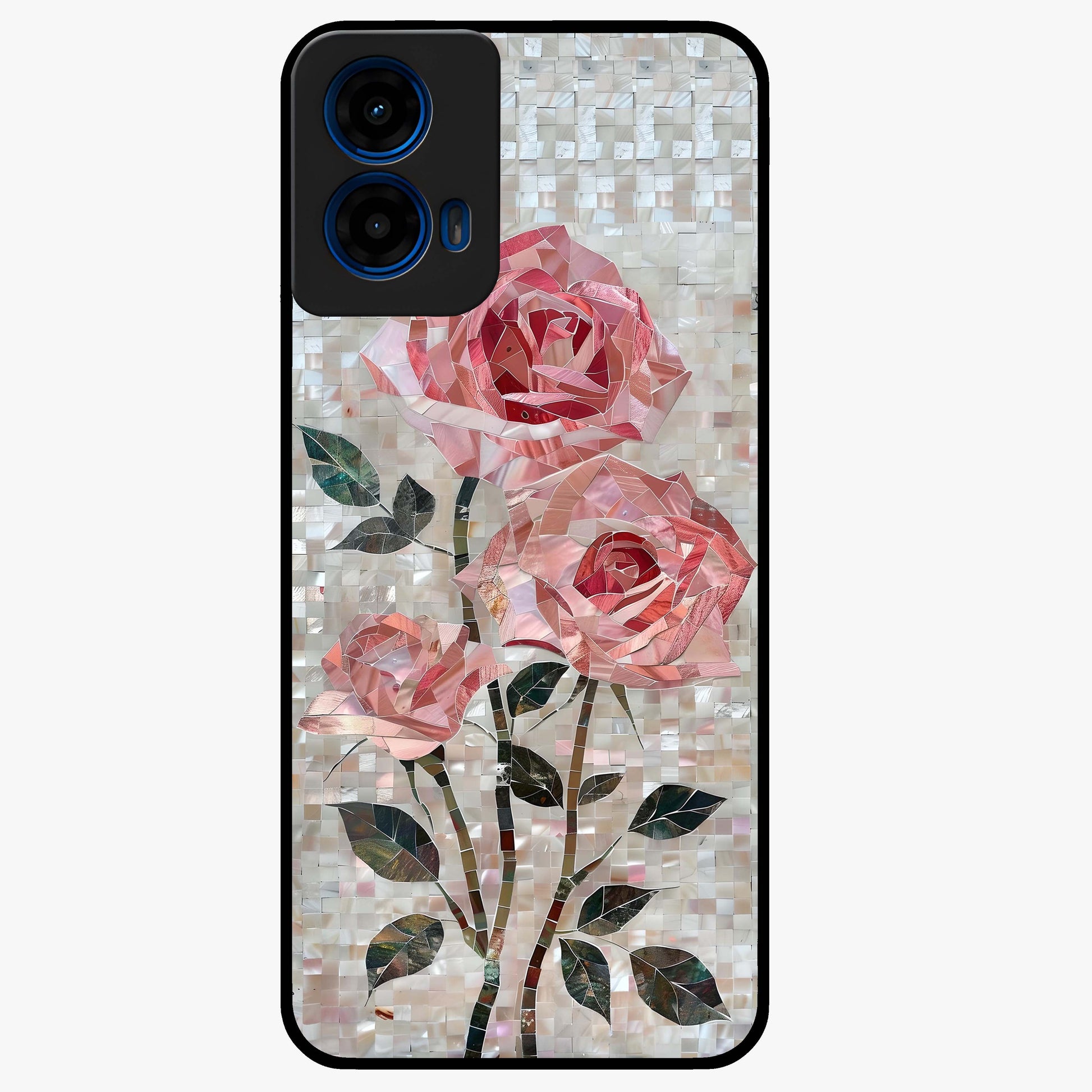 Blush Mosaic Bloom Glass Case showing flat back view with mosaic floral bloom artwork and glossy glass finish.