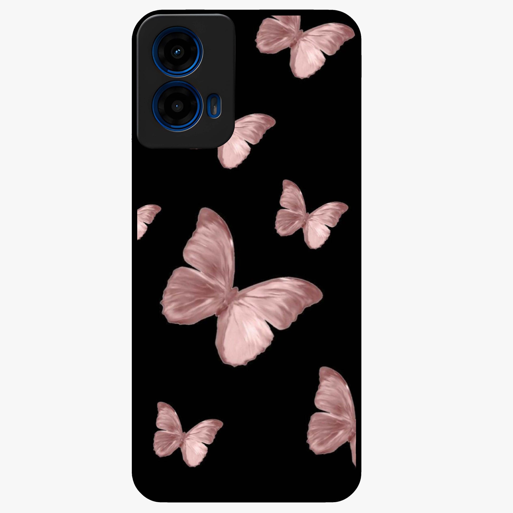 Butterfly Pattern Glass Case showing flat back view with elegant butterfly pattern artwork and glossy glass finish.