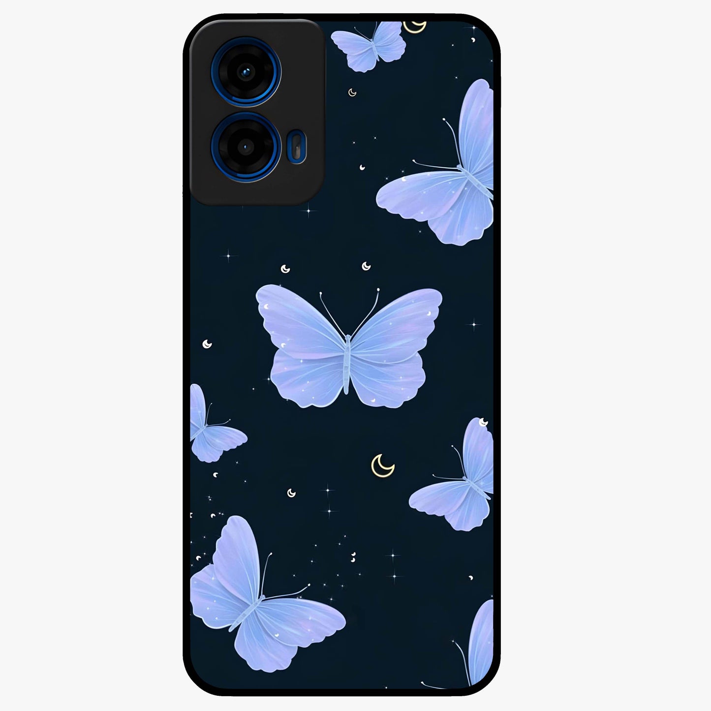Butterfly With Stars Pattern Glass Case showing flat back view with butterfly and star pattern artwork and glossy glass finish.