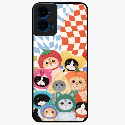 Cats in Fruits Glass Case showing flat back view with playful cat illustrations inside fruit artwork and glossy glass finish.