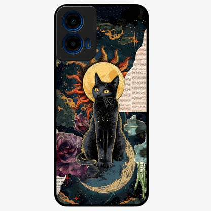 Celestial Black Cat Glass Case showing flat back view with mystical black cat artwork and glossy glass finish.