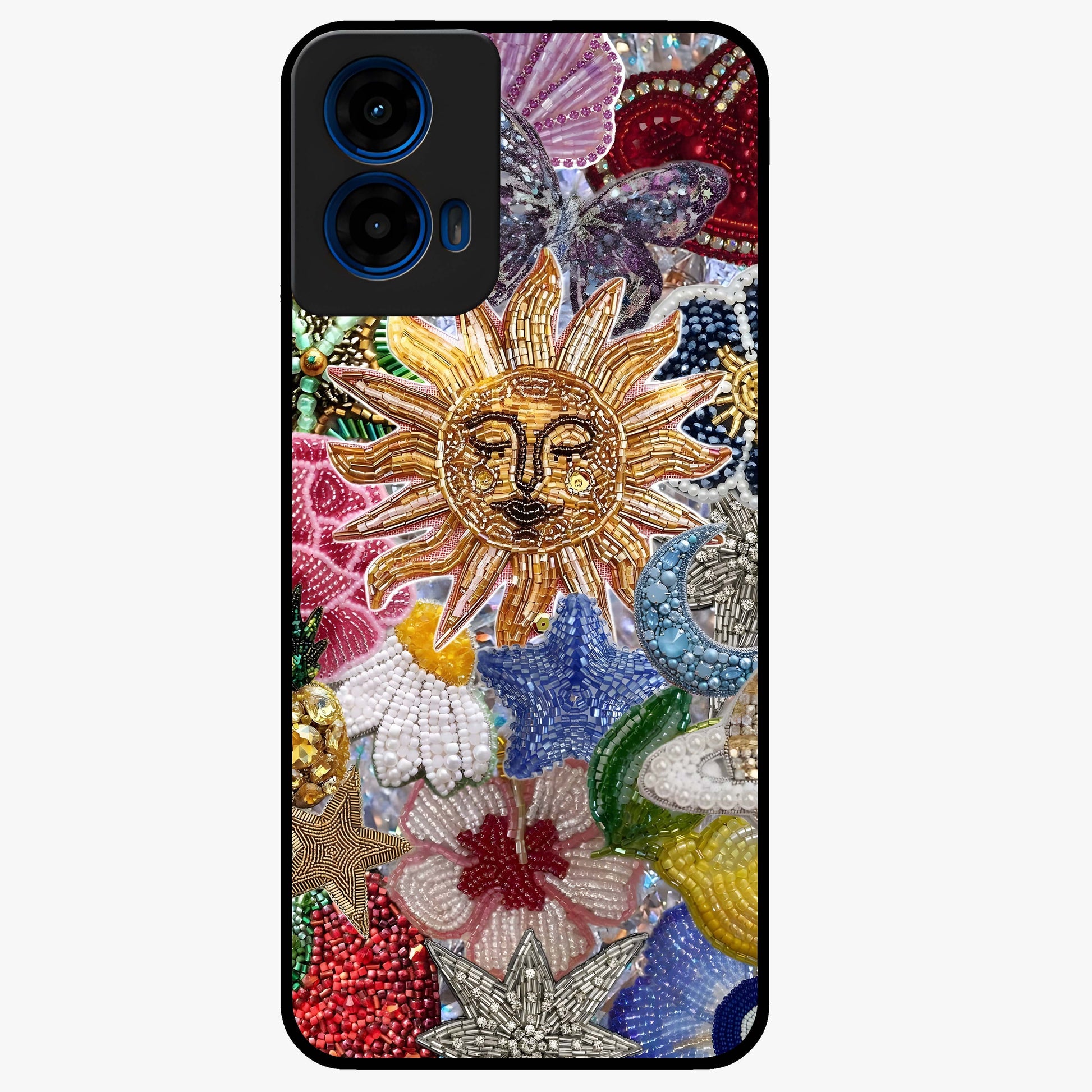 Celestial Floral and Playful Glass Case showing flat back view with floral and celestial themed artwork and glossy glass finish.