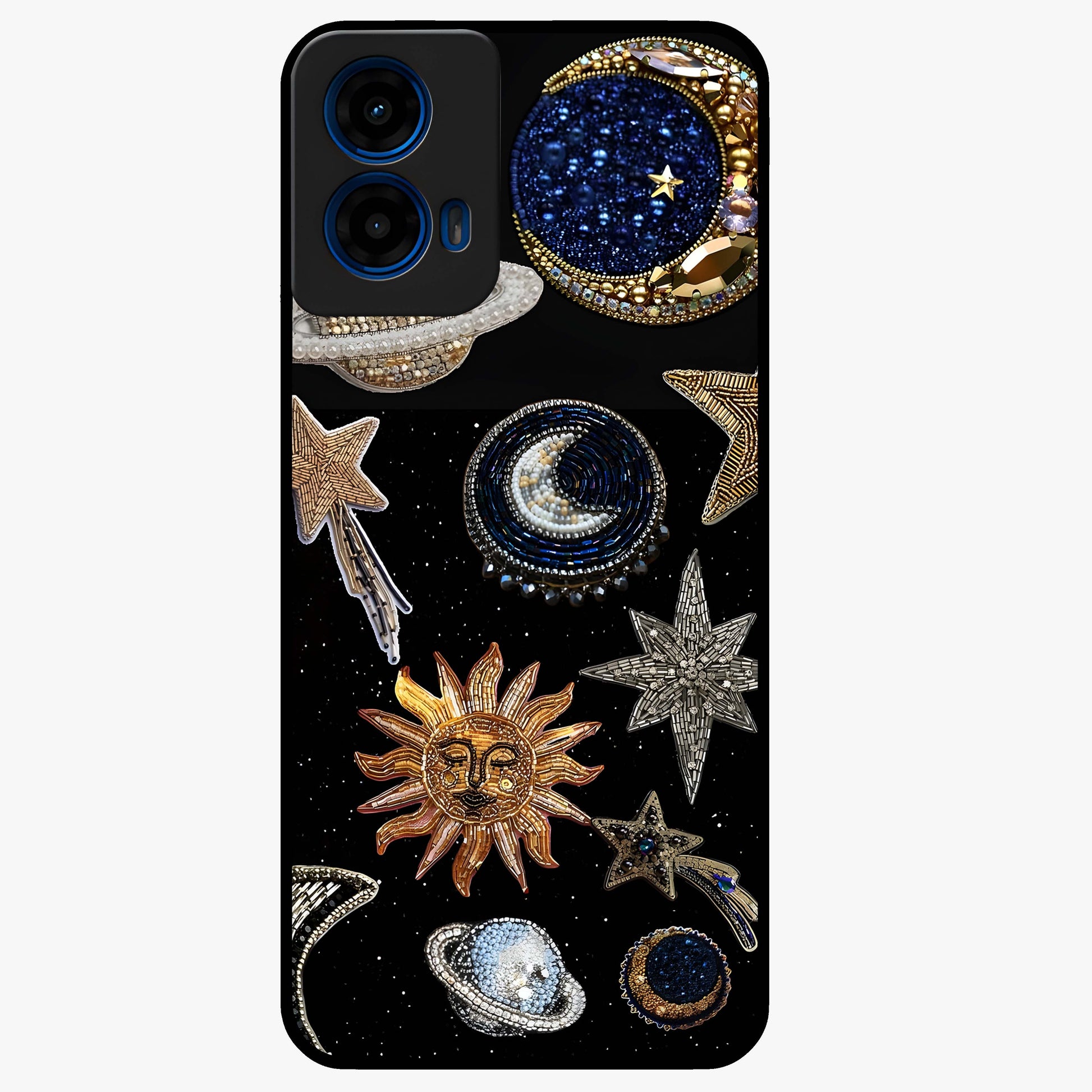 Celestial Gem Constellations Glass Case showing flat back view with sparkling constellation artwork and glossy glass finish.