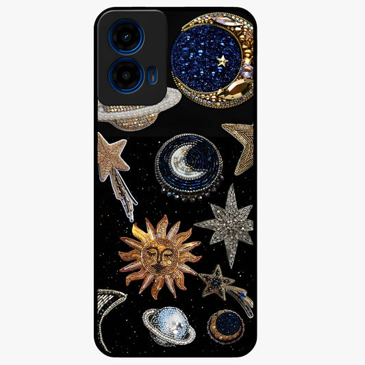 Celestial Gem Constellations Glass Case showing flat back view with sparkling constellation artwork and glossy glass finish.