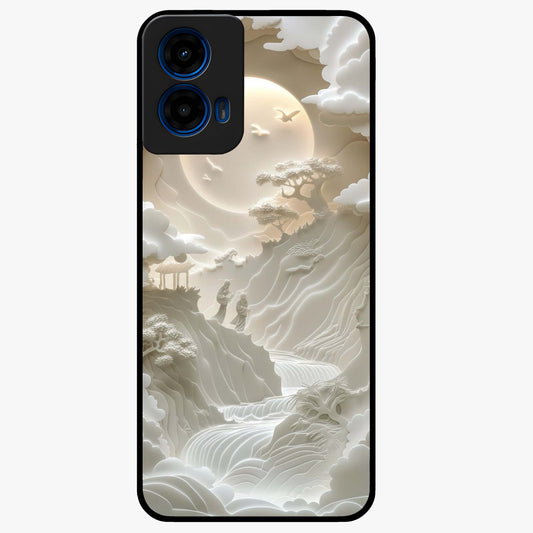 Celestial Origami Glass Case showing flat back view with artistic origami inspired celestial artwork and glossy glass finish.