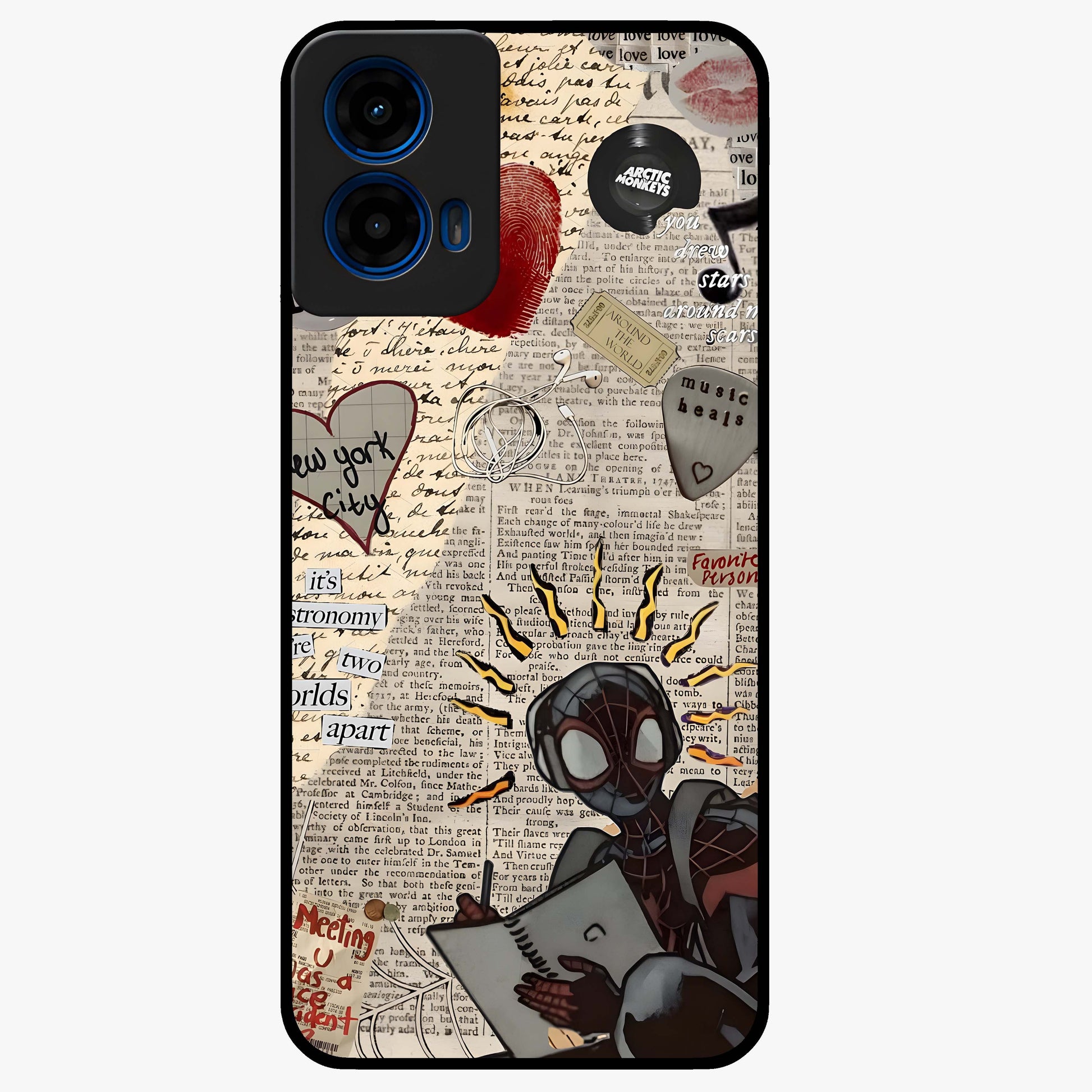 City Dream Sketch Glass Case showing flat back view with artistic city skyline sketch artwork and glossy glass finish.