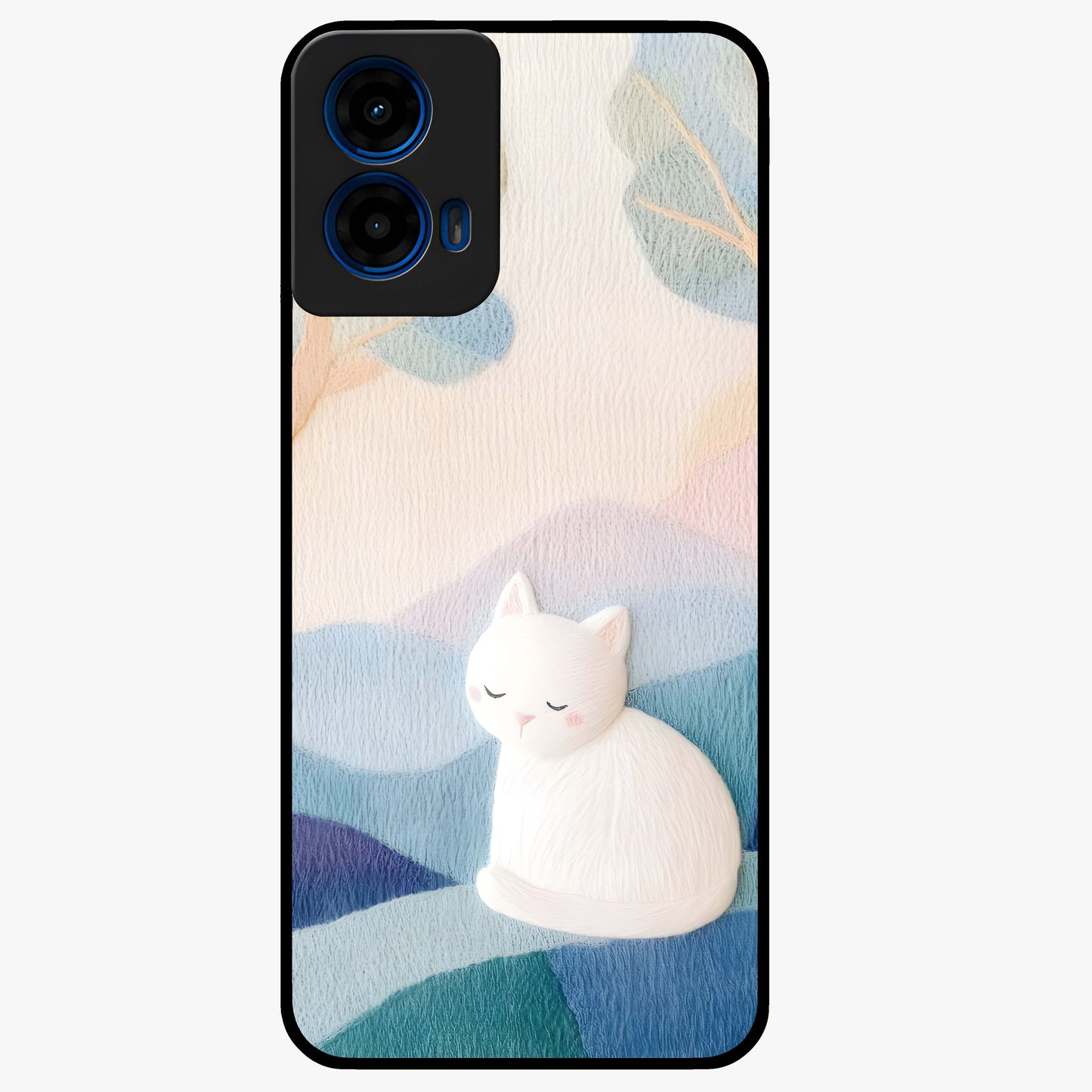 Cotton Dream Cat Glass Case showing flat back view with soft dreamy cat artwork and glossy glass finish.