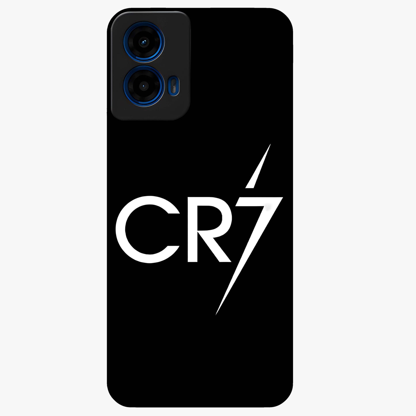 Cr7 Elite Strike Glass Case showing flat back view with dynamic football inspired artwork and glossy glass finish.