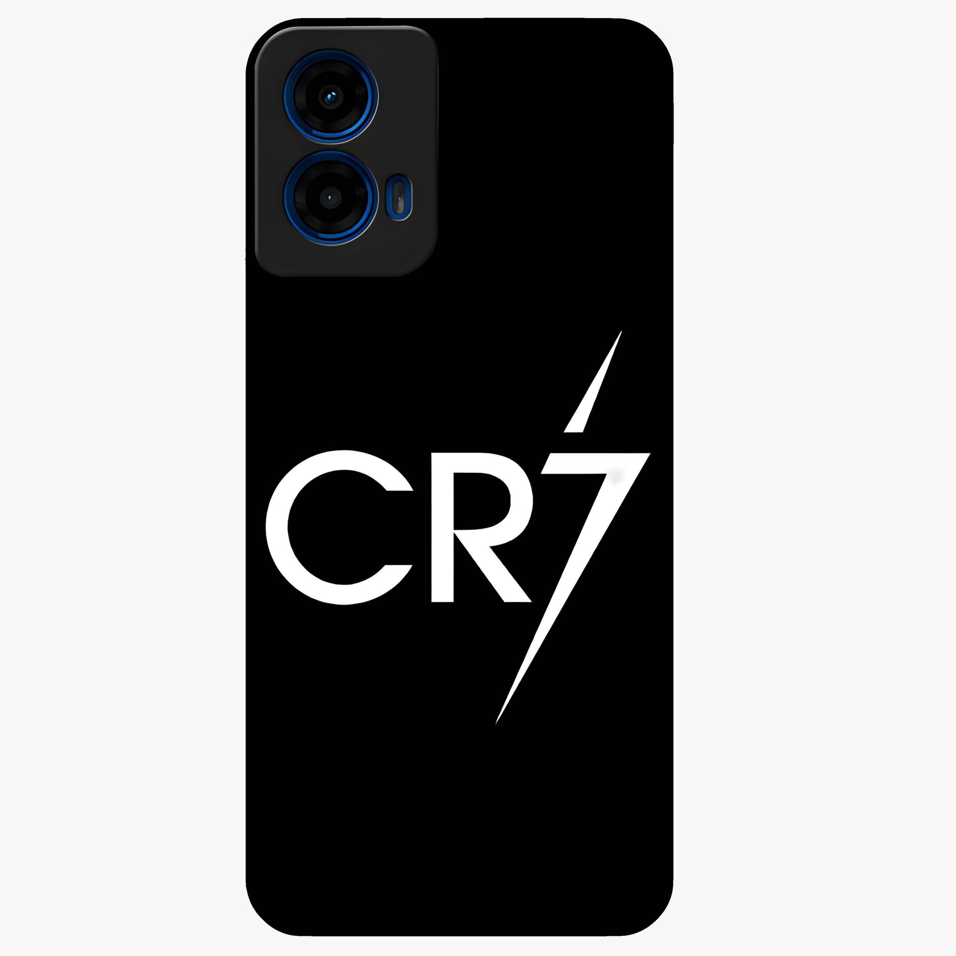 Cr7 Elite Strike Glass Case showing flat back view with dynamic football inspired artwork and glossy glass finish.