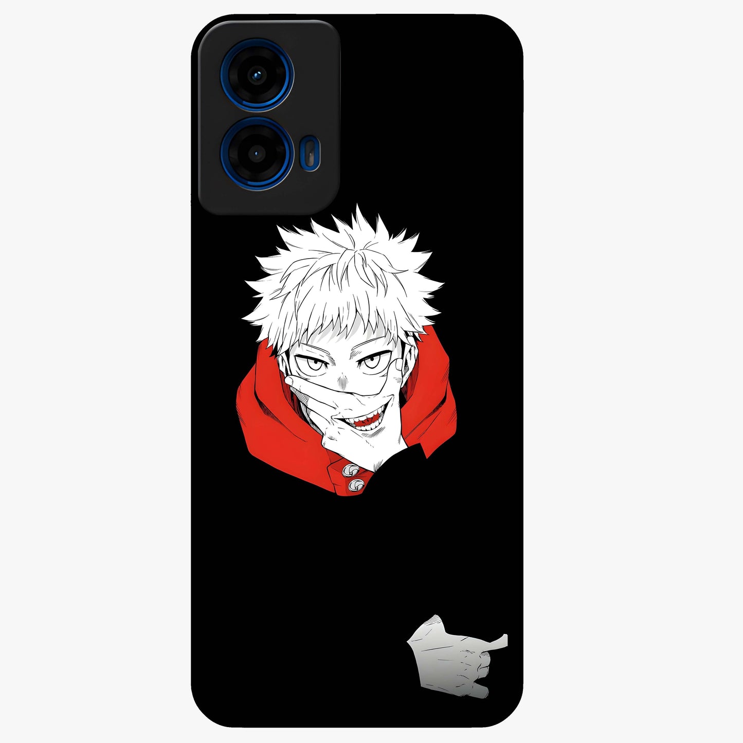Crimson Chaos Smile Glass Case showing flat back view with bold chaotic smile artwork and glossy glass finish.
