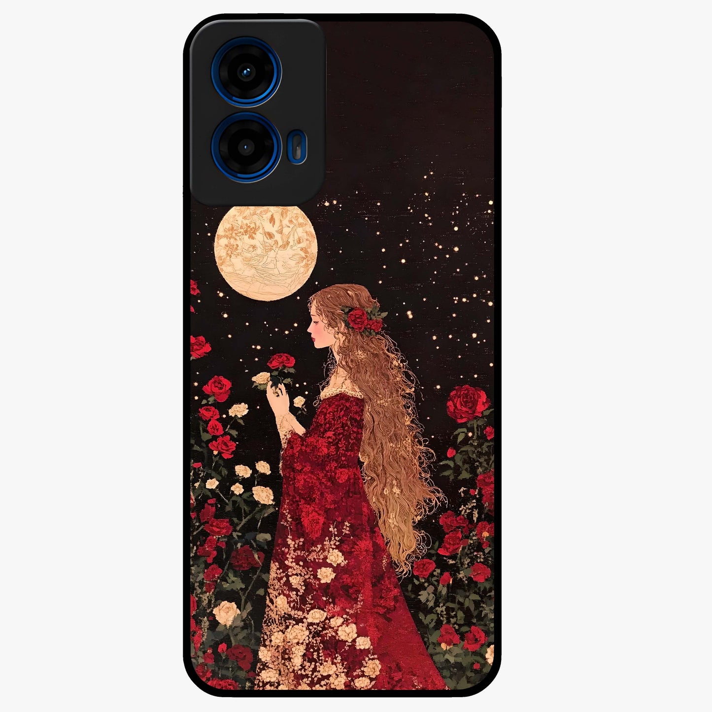 Crimson Dreams Glass Case showing flat back view with dreamy crimson artwork and glossy glass finish.