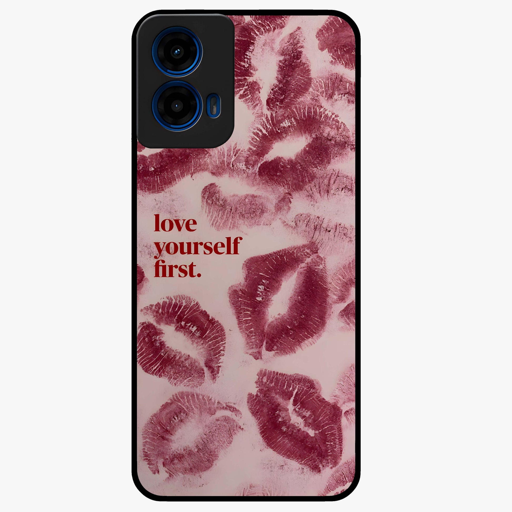Crimson Kiss Love Glass Case showing flat back view with romantic crimson themed artwork and glossy glass finish.