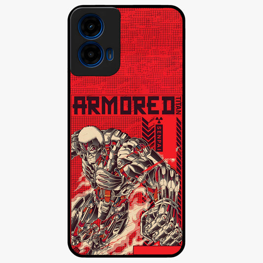Crimson Mecha Titan Glass Case showing flat back view with powerful mech titan artwork and glossy glass finish.