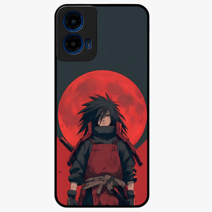 Crimson Moon Warlord Glass Case showing flat back view with mystical moon warrior artwork and glossy glass finish.