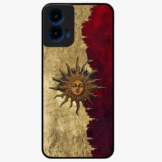 Crimson Sun Majesty Glass Case showing flat back view with radiant sun inspired artwork and glossy glass finish.