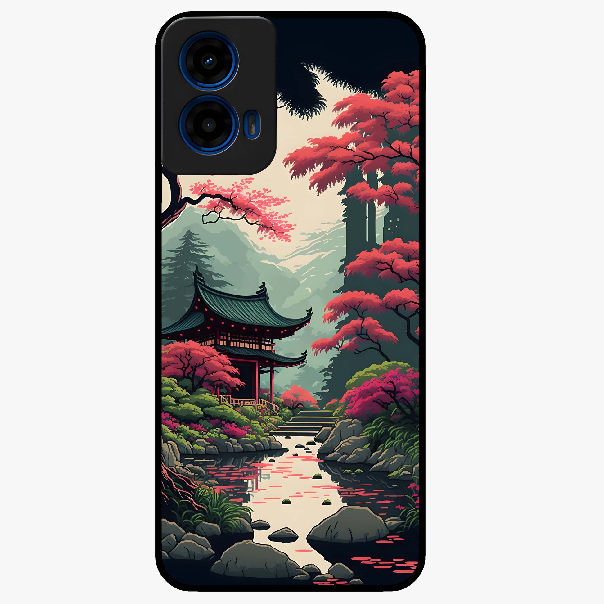 Crimson Temple View Glass Case showing flat back view with temple inspired artwork and glossy glass finish.