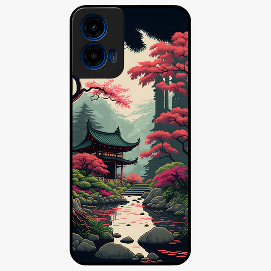 Crimson Temple View Glass Case showing flat back view with temple inspired artwork and glossy glass finish.