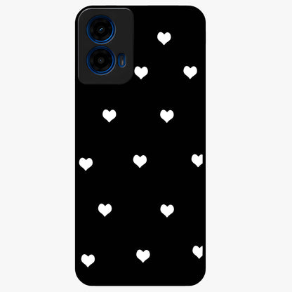 Cute And Simple White Hearts Glass Case showing flat back view with minimal white heart pattern and glossy glass finish.