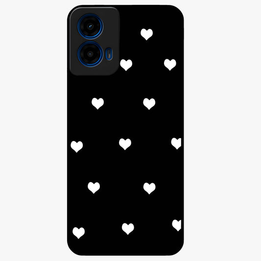 Cute And Simple White Hearts Glass Case showing flat back view with minimal white heart pattern and glossy glass finish.