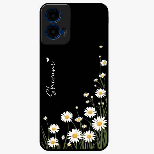Daisy Cascade Custom Name Glass Case showing flat back view with cascading daisy flowers and personalized name design.