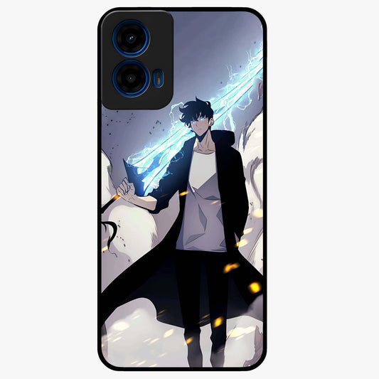 Dark Lightning Anime Warrior Glass Case showing flat back view with intense anime warrior artwork and glossy glass finish.