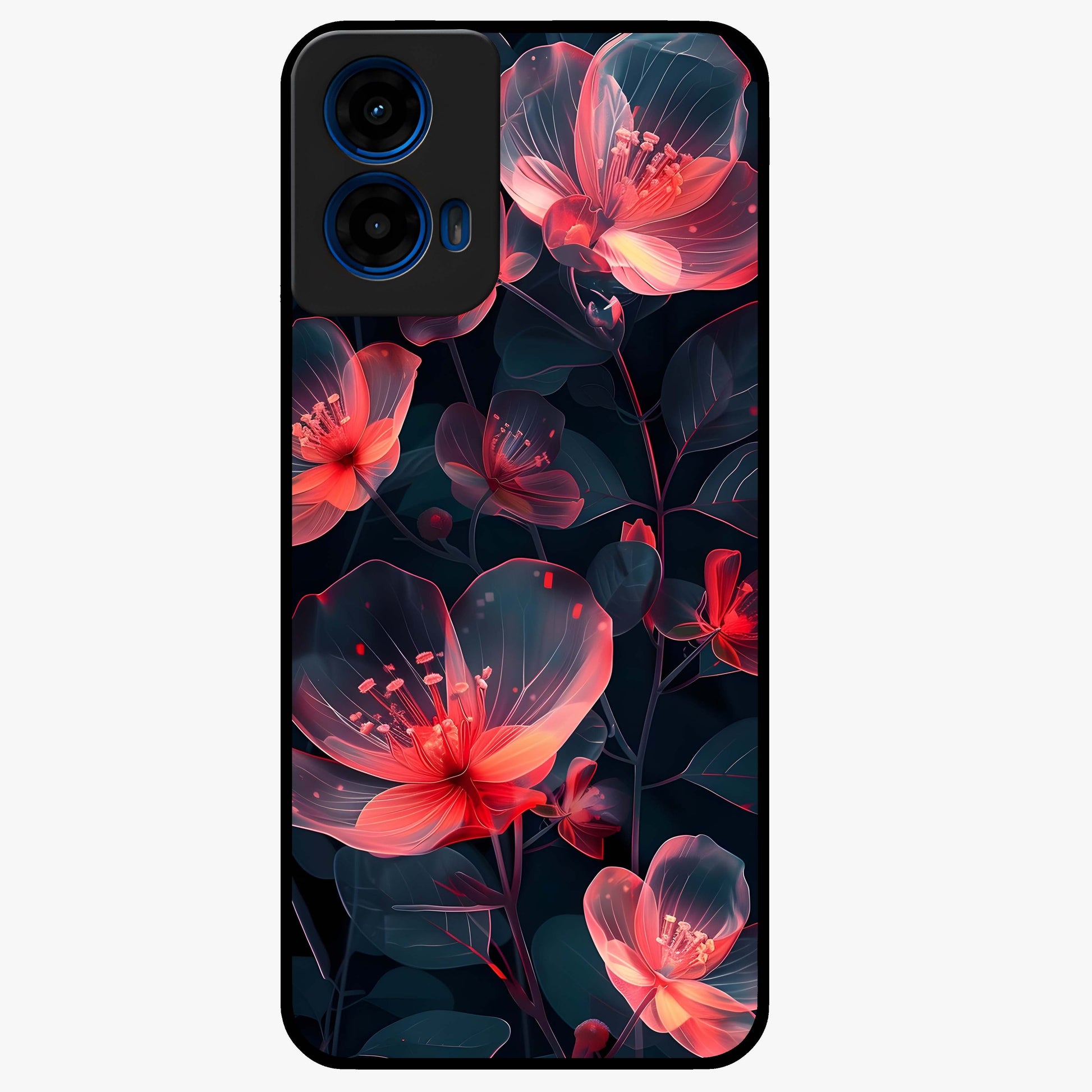 Dark Shade of Flower Glass Case showing flat back view with elegant dark floral artwork and glossy glass finish.