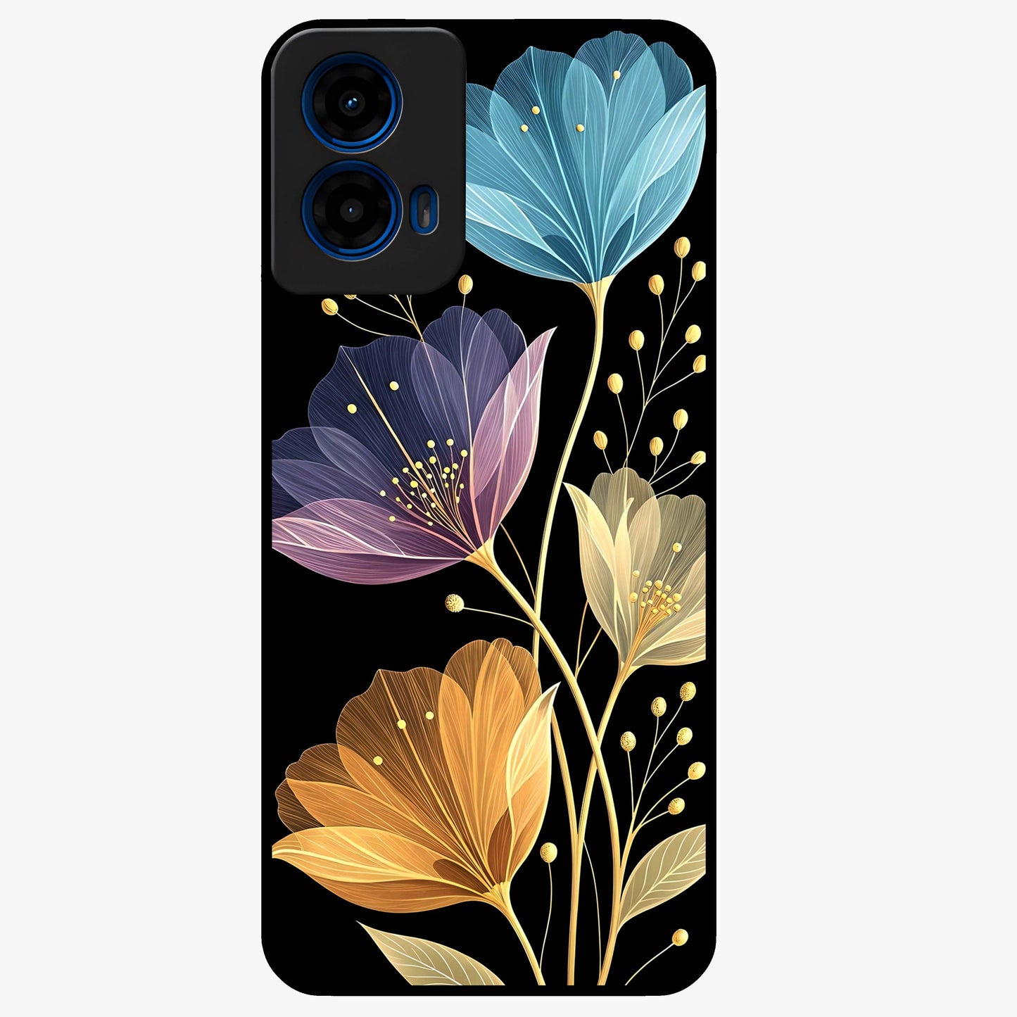 Delicate Multicolor Flowers Glass Case showing flat back view with vibrant floral artwork and glossy glass finish.