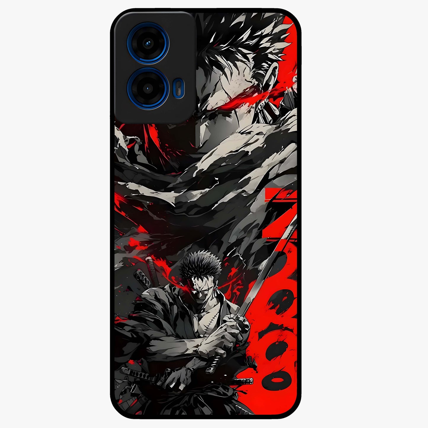 Demon Sword Resolve Glass Case showing flat back view with fierce sword warrior artwork and glossy glass finish.
