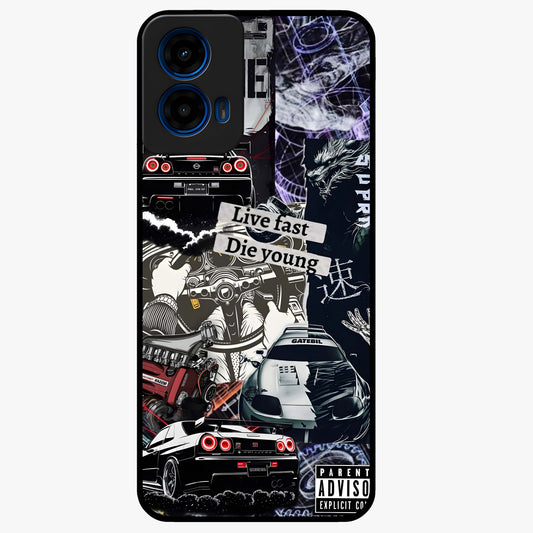 Die Young Glass Case showing flat back view with bold artistic typography design and glossy glass finish.