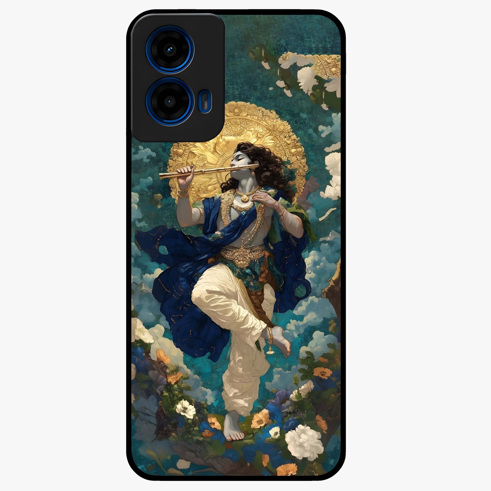 Divine Krishna Art Glass Case showing flat back view with Lord Krishna artwork and glossy glass finish.