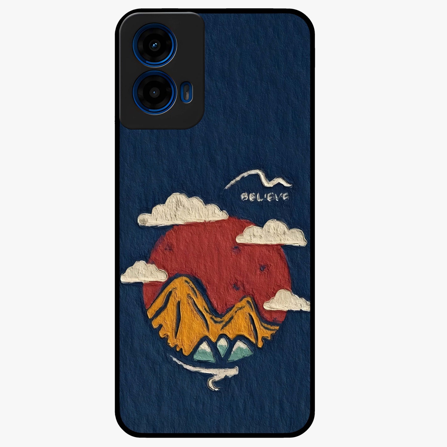 Dream Beyond Mountains Glass Case showing flat back view with scenic mountain landscape artwork and glossy glass finish.