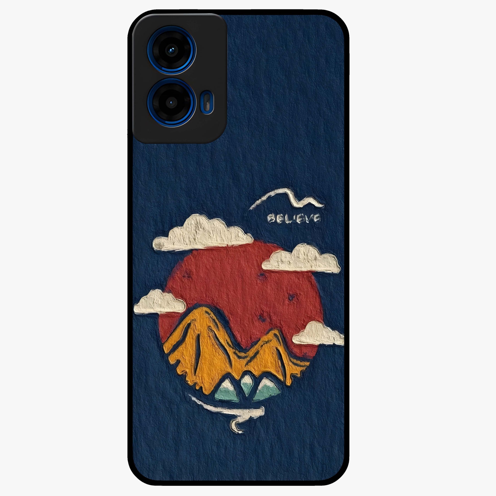 Dream Beyond Mountains Glass Case showing flat back view with scenic mountain landscape artwork and glossy glass finish.
