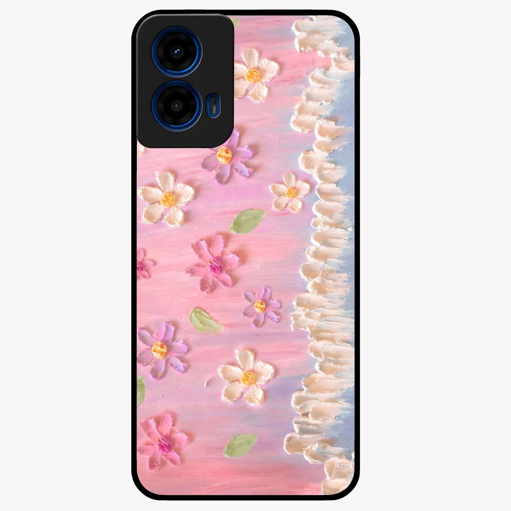 Dreamy Painted Garden Glass Case showing flat back view with artistic painted floral garden artwork and glossy glass finish.