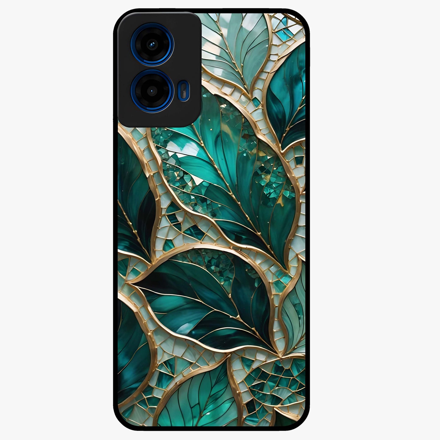 Emerald Leaf Glass Glass Case showing flat back view with emerald green leaf artwork and glossy glass finish.