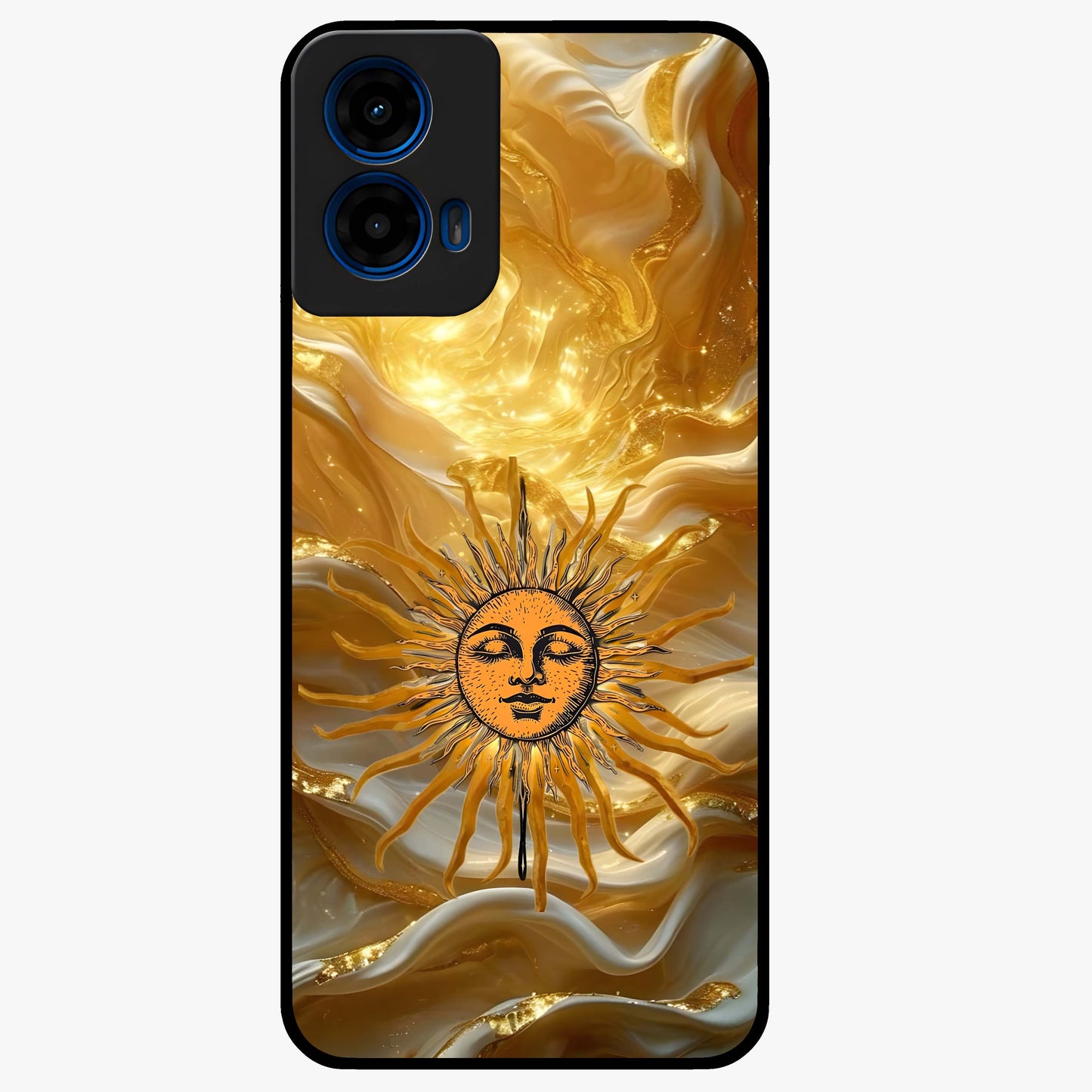 Eternal Golden Glow Glass Case showing flat back view with radiant golden themed artwork and glossy glass finish.