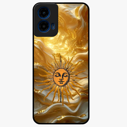 Eternal Golden Glow Glass Case showing flat back view with radiant golden themed artwork and glossy glass finish.
