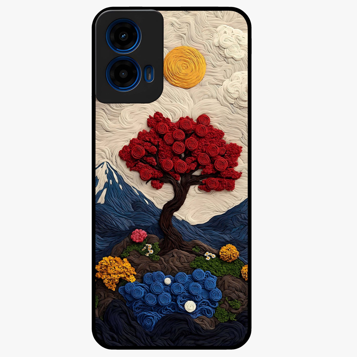 Eternal Nature Tapestry Glass Case showing flat back view with intricate nature tapestry artwork and glossy glass finish.