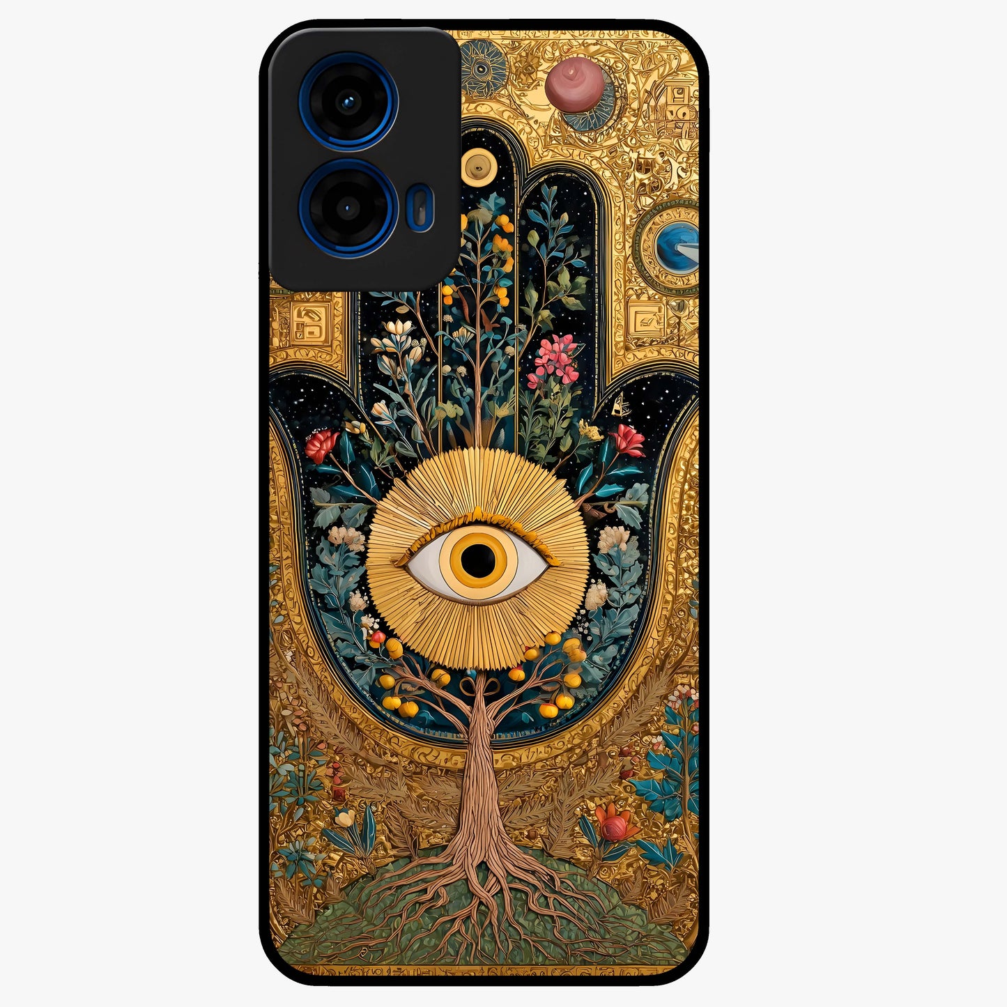 Ethereal Evil Eye Glass Case showing flat back view with mystical evil eye artwork and glossy glass finish.
