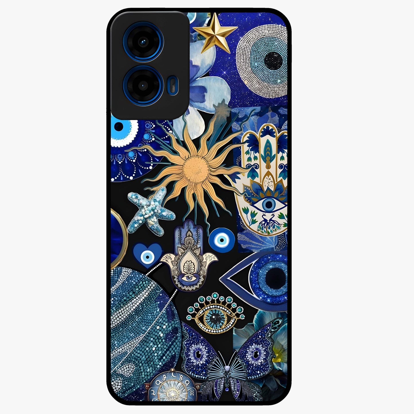 Evil Eye Charm Mix Glass Case showing flat back view with multiple evil eye charms artwork and glossy glass finish.