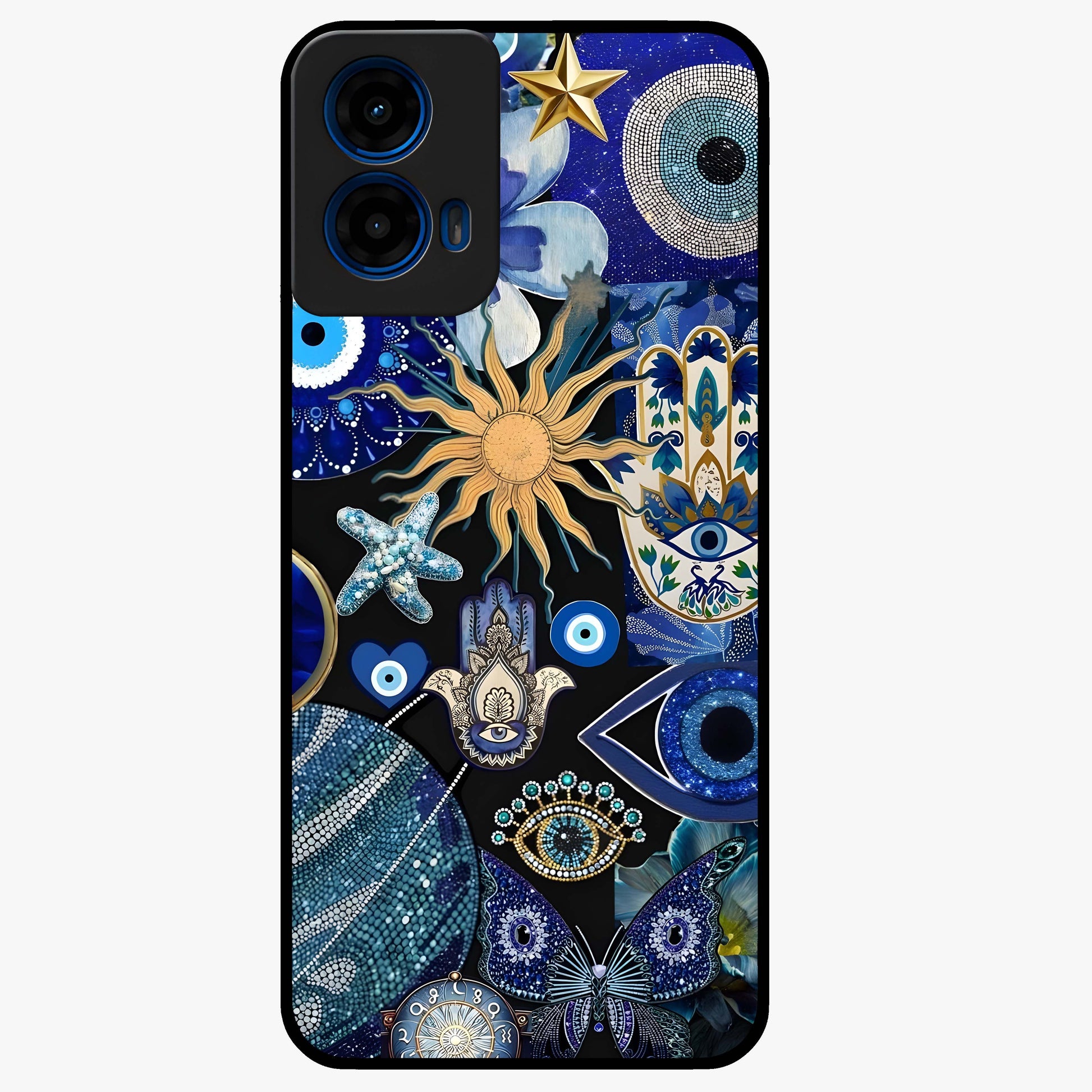 Evil Eye Charm Mix Glass Case showing flat back view with multiple evil eye charms artwork and glossy glass finish.
