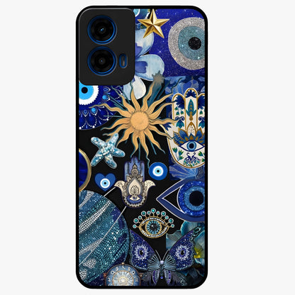 Evil Eye Charm Mix Glass Case showing flat back view with multiple evil eye charms artwork and glossy glass finish.