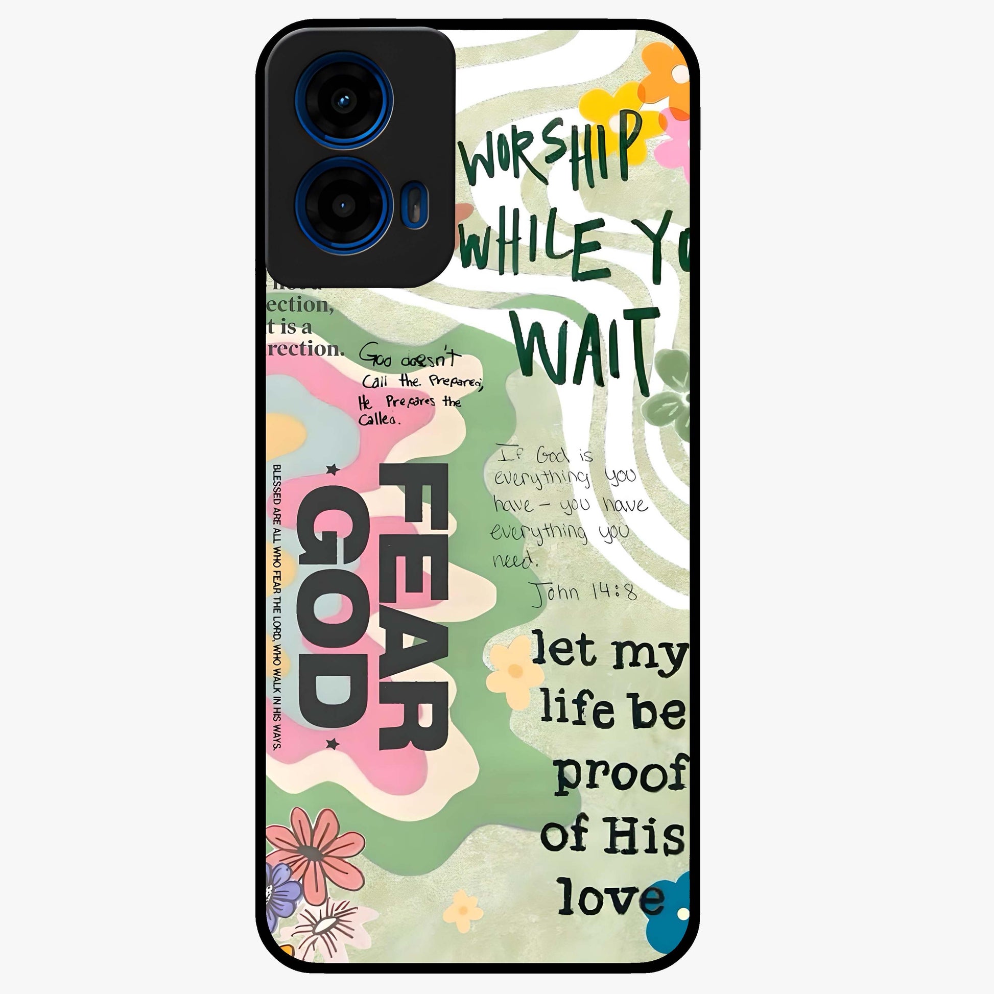 Faith Over Fear Glass Case showing flat back view with motivational typography artwork and glossy glass finish.