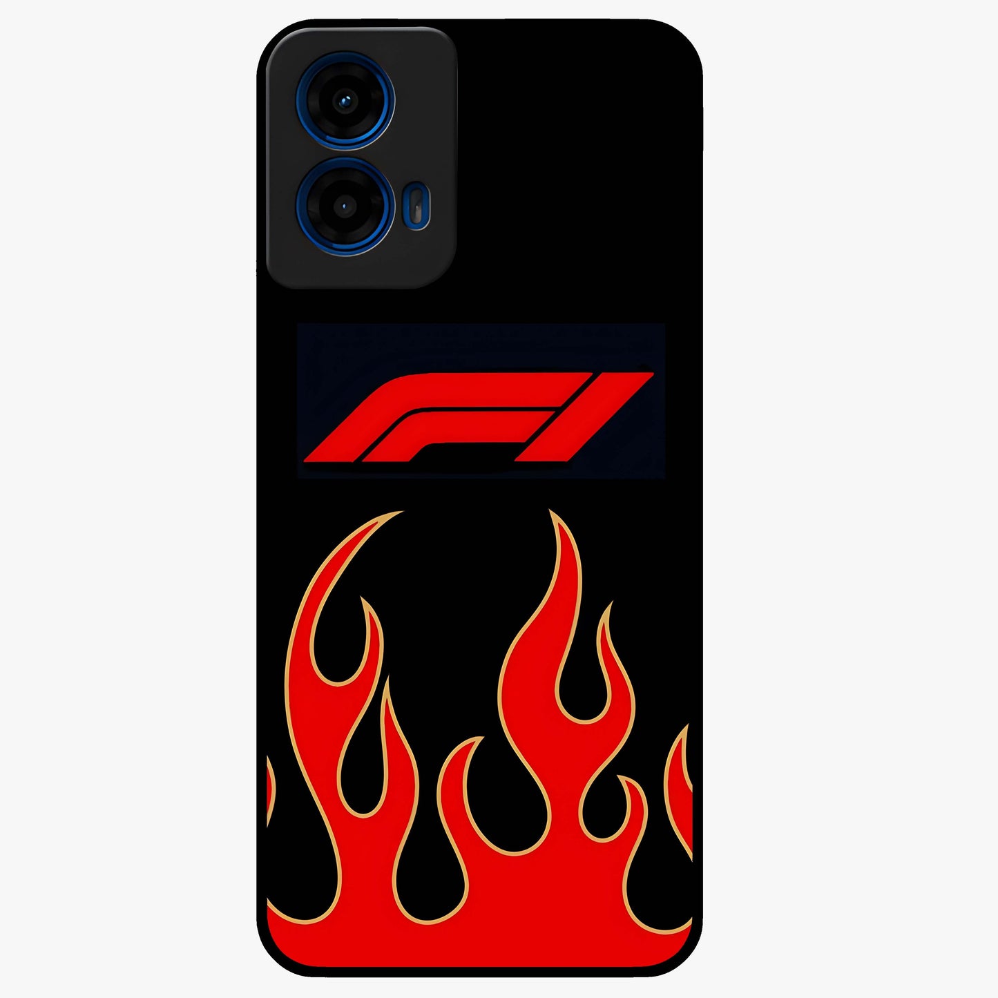 Fire F11 Glass Case showing flat back view with fiery themed artwork and glossy glass finish.